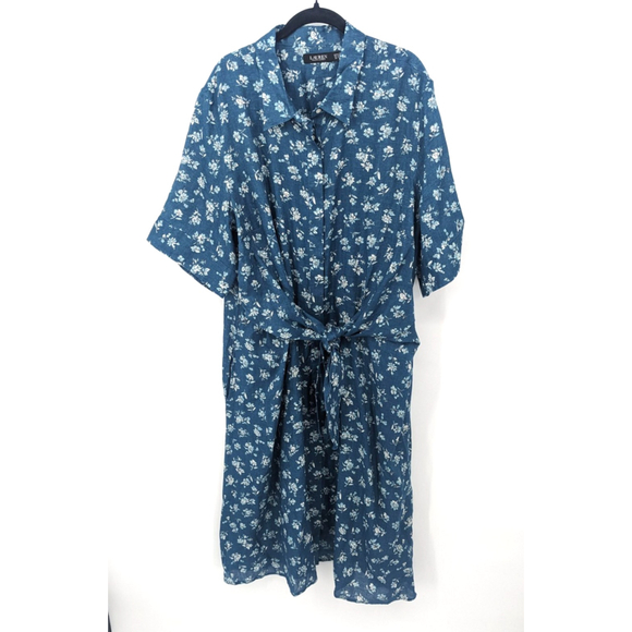 Lauren Ralph Lauren Dress Womens Plus 22W Blue Floral Midi Pockets Linen - Picture 1 of 10